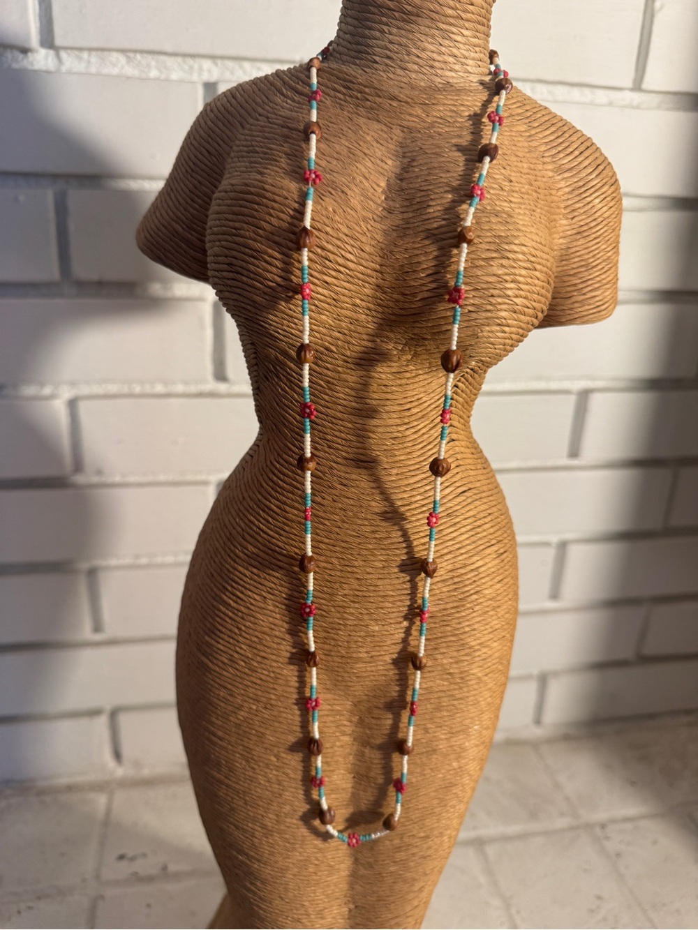 Vintage Boho Seed & Nut Bead Long Strand Necklace with Beaded Daisy